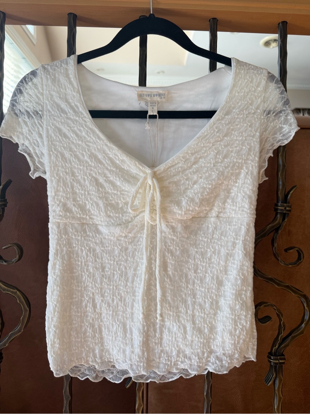 See You Monday Ivory White Lace Textured Tie-Front Camisole Top